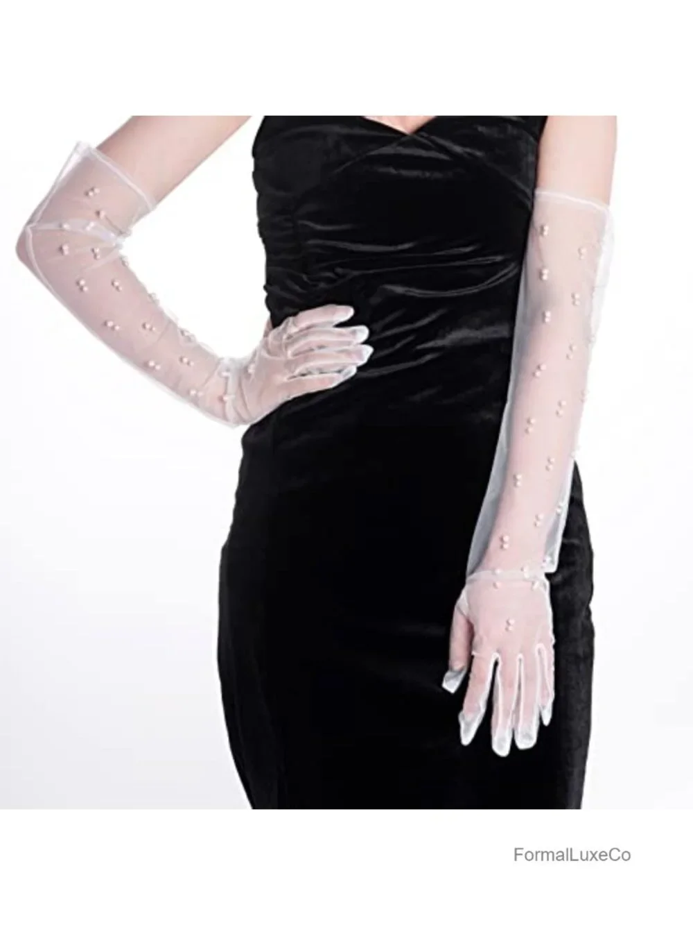 Tulle Sheer Long Pearl Gloves Elbow Length Wedding Bridal Gloves